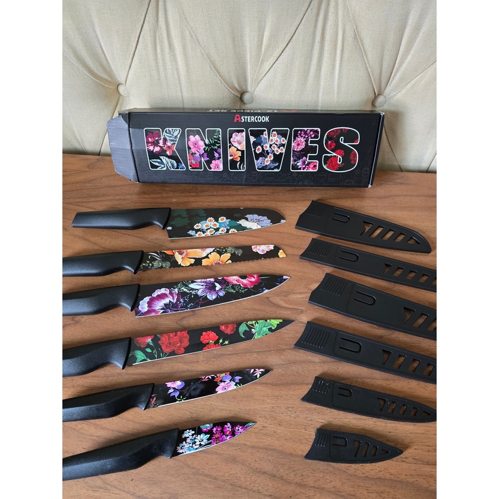 6-Piece Knife‎ Set with Sheaths – Floral Design, Non-Stick Blades (New)
